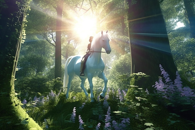 an 3d avatar riding a majestic unicorn through AI generated