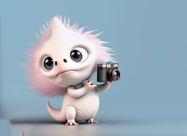 Foto 3d-baby axolotl met camera als fotograaf