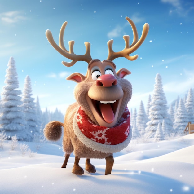 Photo 3d baby cartoon deer staning wearing a red santa