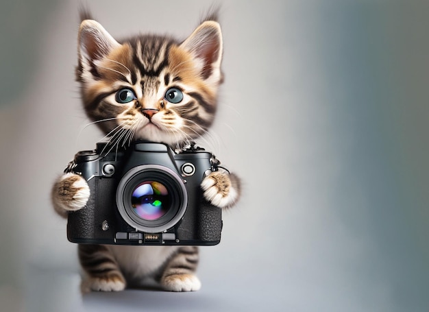 3d baby cat holding camera as a photographer