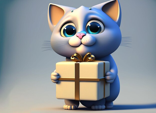 3d baby cat holding gift box white