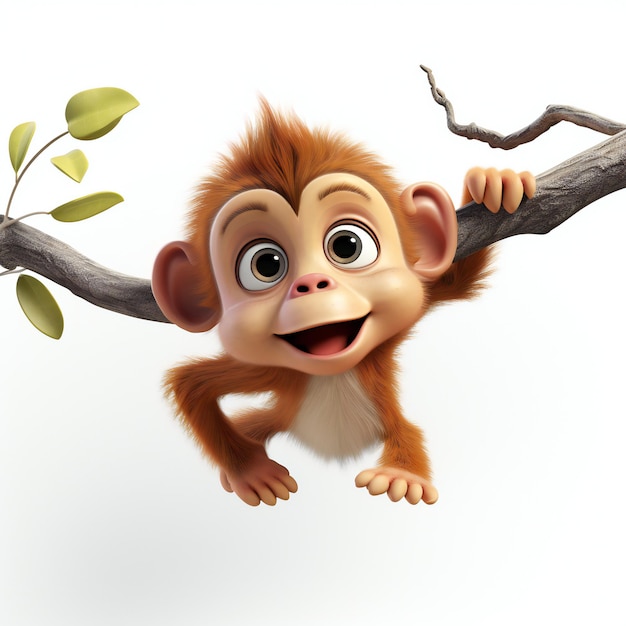 3D Baby Monkey Hanging from Tree White Background