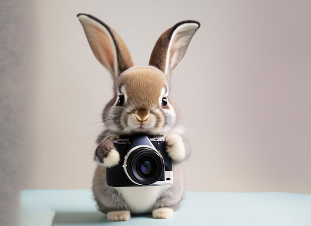 Photo 3d baby rabbit holding camera as a photographer