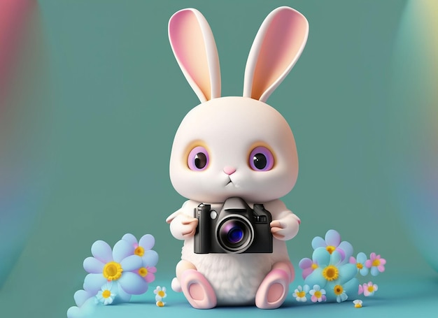 3d baby rabbit holding camera as a photographer