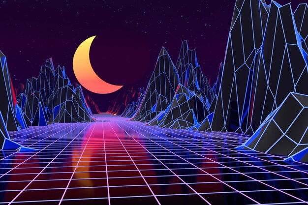 3d background illustration inspired by 8039s scene synthwave and retrowave