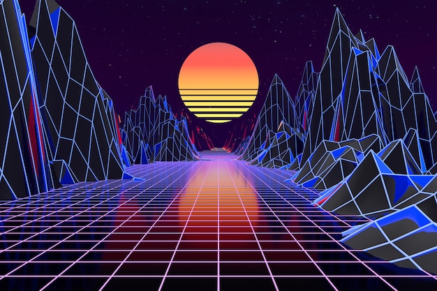 8039s Scene synthwave 및 retrowave에서 영감을 받은 3d 배경 그림