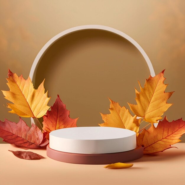 3D background Orange Podium display with pumpkin and autumn leaf Cosmetic beauty product promotio