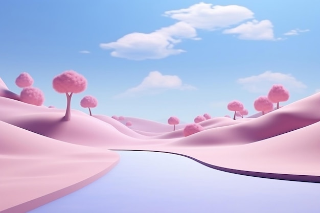 3d background Pink Landscape Futuristic Road Amid Chromatic Waves and Realistic Blue Skies