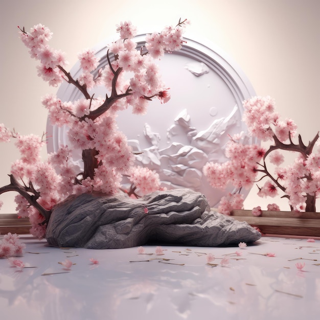 3D background pink podium display Sakura pink flower falling Cosmetic or beauty product promotion step floral pastel pedestal Abstract minimal advertise AI Generative