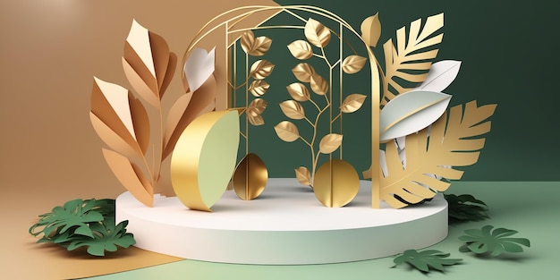3d фоновая сцена с изображением подиума с пальмовым листом и геометрической платформой