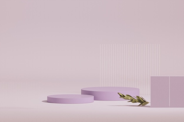 3d background product display podium with nature leaves, flower, glass wall on purple background.