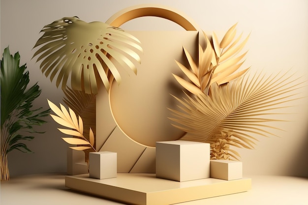 3d background products display podium scene with palm leaf geometric forms Podium pedestal layout template for the presentation of a modern exhibition or gallery 3d illustration