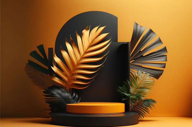 3d background products display podium scene with palm leaf geometric platform Podium pedestal layout template for the presentation of a modern exhibition or gallery 3d illustration