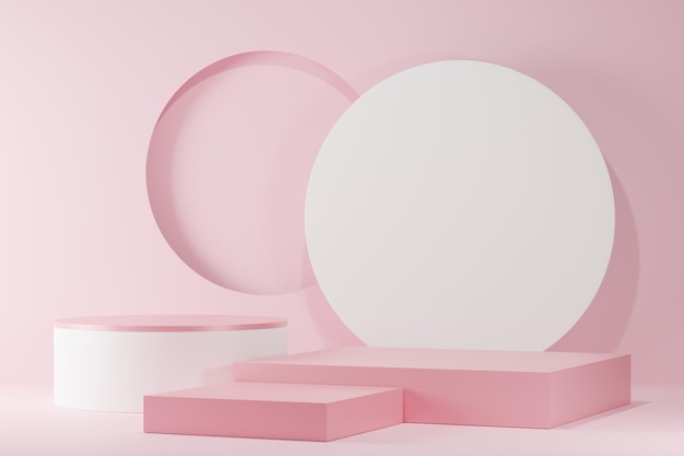 3D背景製品幾何学的なプラットフォームで台座のシーンを表示表彰台でピンクの背景ステージに化粧品を表示するスタンド3Dレンダリング3Dイラスト