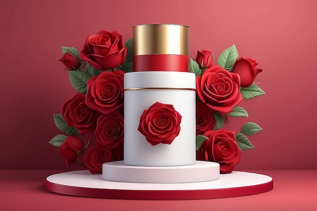 3d Background products for valentine s day podium in red rose background vector 3d with cylinder