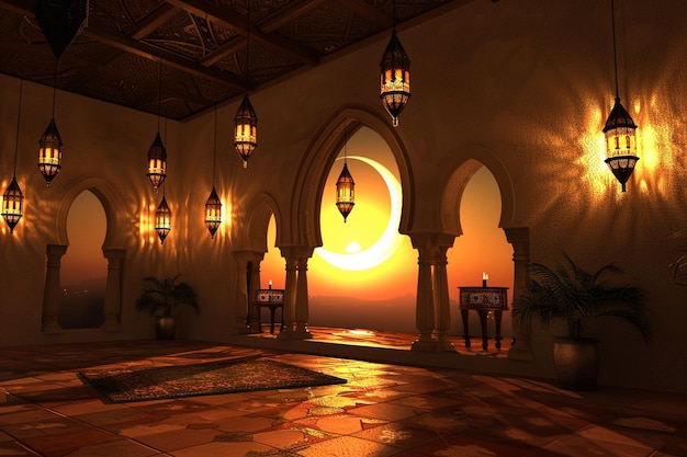 3d background of ramadan with lantern and crescent moon