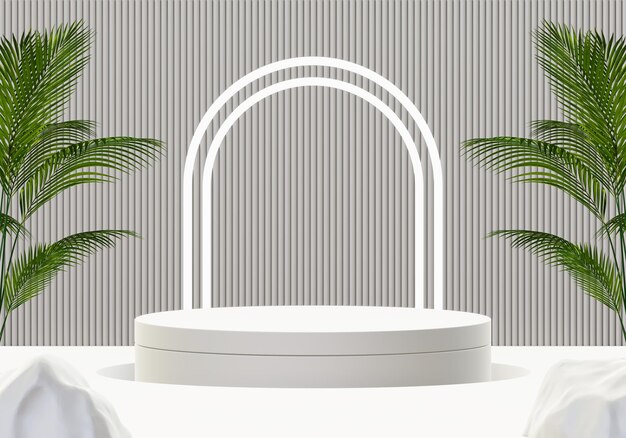 3d background render of white gray display podium stand with plants and stones for product mockup