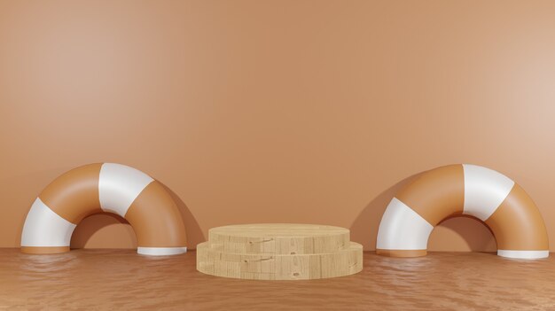溶けたチョコレートとプレゼンテーション製品のフローティングホイールの中で木製の表彰台をレンダリングする3D背景チョコレートの日の背景
