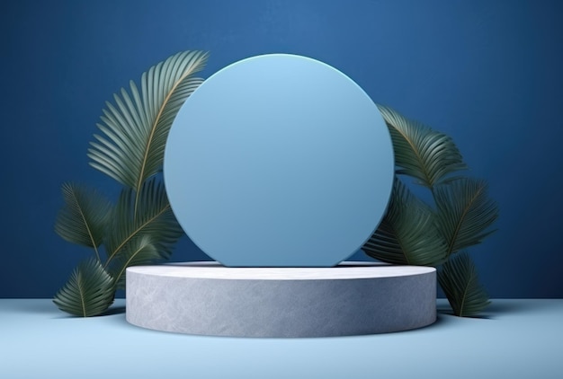 3D background stone podium display set on blue backdrop with curtain and palm shadow Generative AI