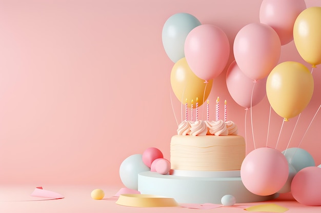 3d background with birthday cake and balloons Happy