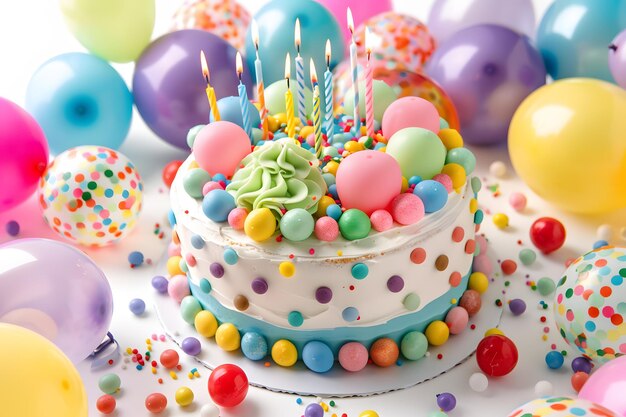 3d background with birthday cake and balloons Happy