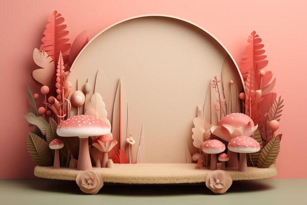 Photo 3d background with fairy tales elements and sale podium