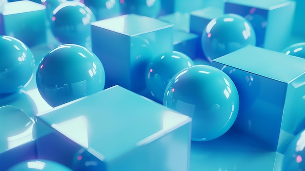 3d background with image of abstract spheres and cubes Blue banner with the image of shapes balls and cubes