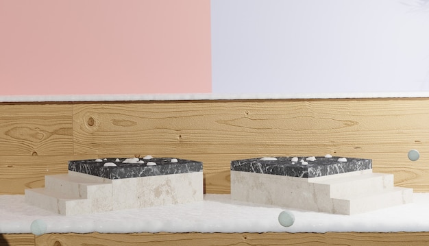 사진 제품 디스플레이 겨울 테마를 위해 눈으로 덮인 대리석 연단과 계단이 있는 3d 배경