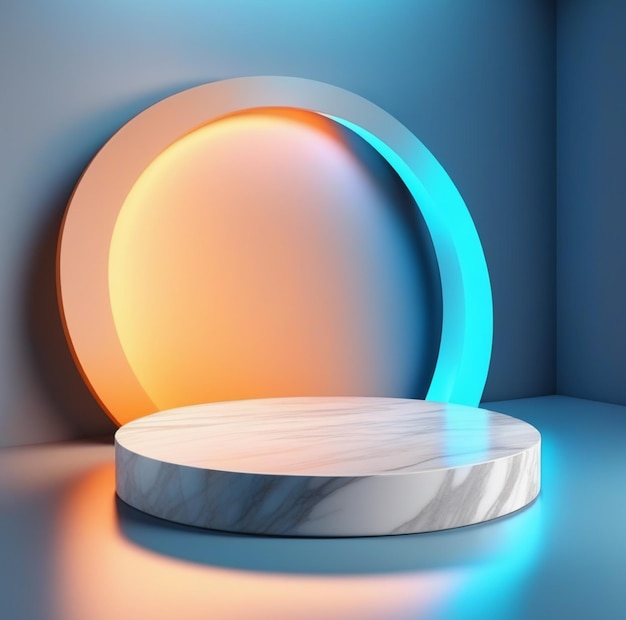 3D background with whitegray marble cylinder base realistic blue glowing neon ring lights blue