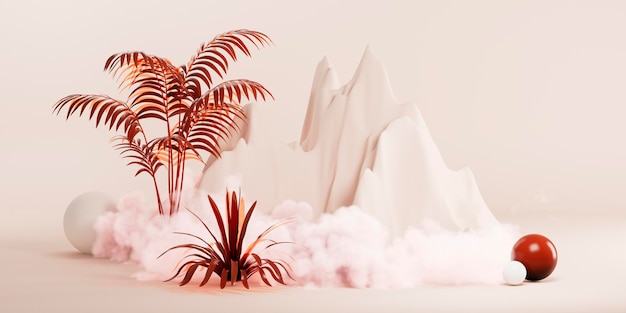 3d backgroundmountain scene Nude and red background rendering landscape Scene beige studio Tropical plants palms colorful spheres