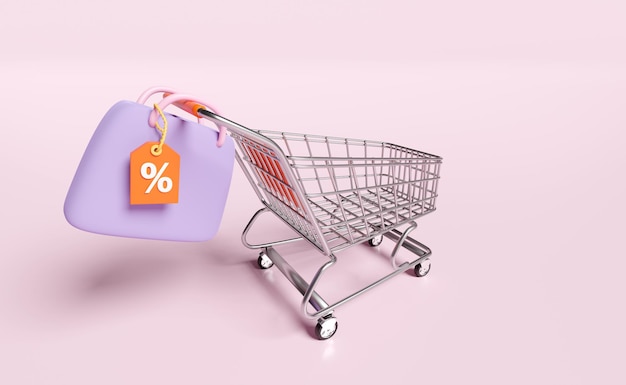 3d bag discount sales icon for shopping online with shopping cart basket price tags coupon isolated on pink background marketing promotion bonuses 3d render illustration clipping path