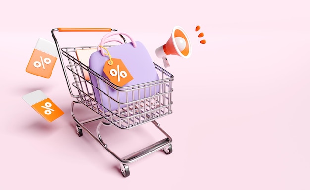 3d bag discount sales icon for shopping online with shopping cart megaphone basket price tags coupon isolated on pink background marketing promotion bonuses 3d render clipping path