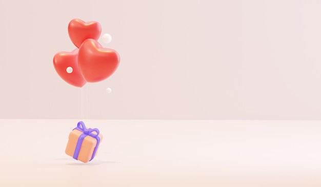 3D-ballonnen in de vorm van hartvormen en een geschenkdoos 3D-rendering