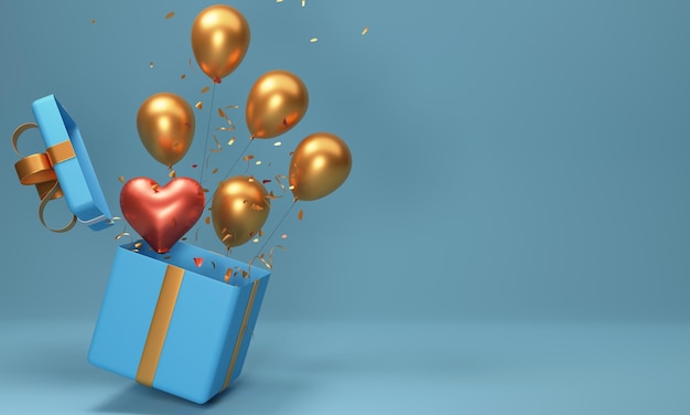 3D Balloons And Confetti Popping Out From Gift Box On Blue Background With Copy Space