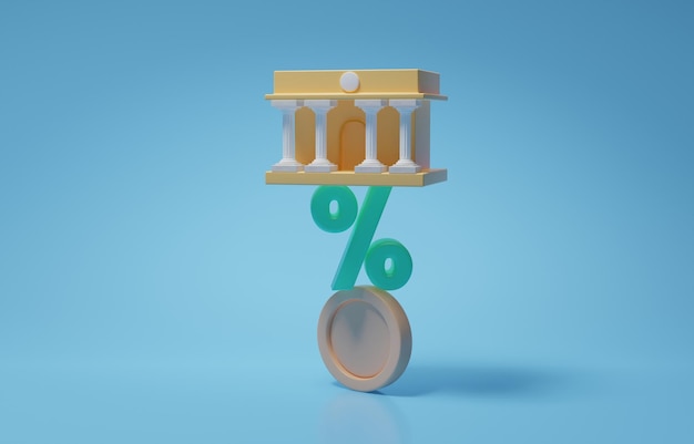 3D Bank balanceren op stapel percentage teken en munt, centrale bank geld beleidsconcept.