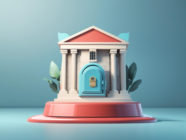 3D-bankgebouw icoon met kluis