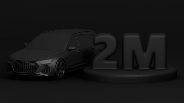 3D-banner met 2M-volgers Bedankt voor het abonneren Scène met zwarte auto 3D-rendering