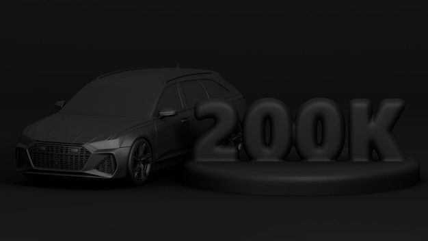 3D Banner with 200K Followers Thank you for subscribe Scene with black car 3d rendering