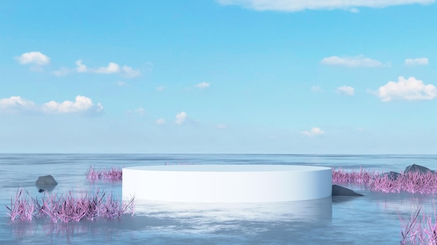 3d banner with space for text and podium for product blue flyer\
with 3d textures pink grass on water lake river