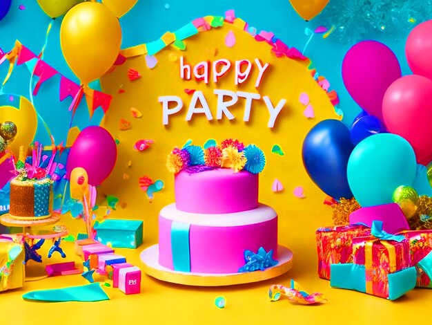 3D-баннер с текстом HAPPY CLASS PARTY на фоне изображения тортовых воздушных шаров