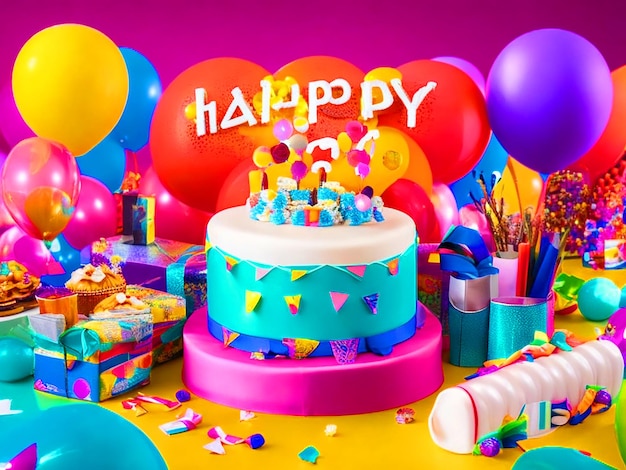 ハッピークラスパーティー (HAPPY CLASS PARTY) と書かれた3Dバナーがケーキの風船の背景に描かれています