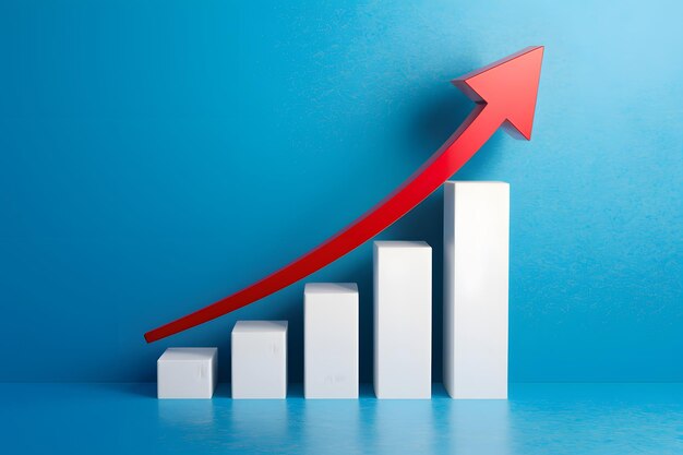 3D bar chart with red arrow pointing up on blue background showing growth trend