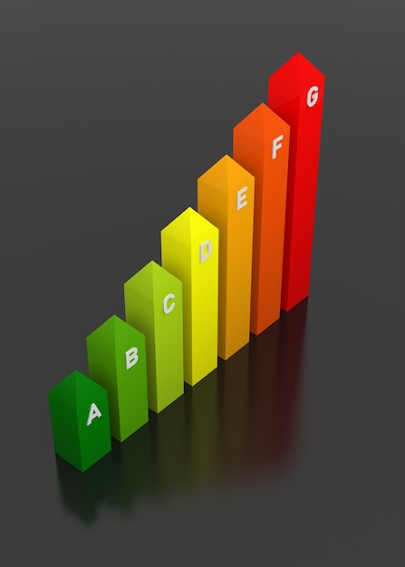 Photo 3d bar graph, energy efficiency concept, isolated on black background