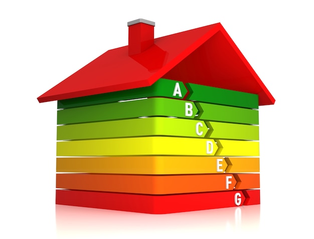 Foto grafico a barre 3d home, concetto di efficienza energetica, isolato su sfondo bianco