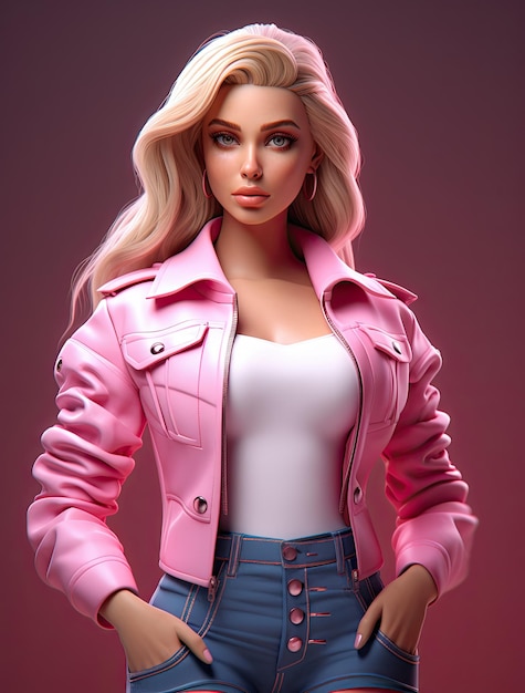 3D Barbie in roze jasje en spijkerbroek kleurrijke cartoon