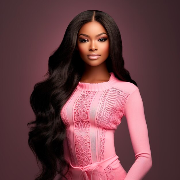 3D-Barbie met lang recht rood haar in ultrarealistische roze outfit