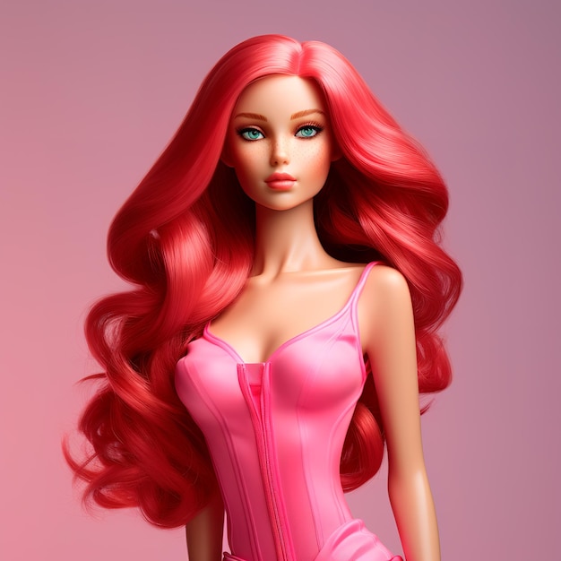 3D-Barbie met rood haar, lang steil roze haar in een ultrarealistische roze outfit