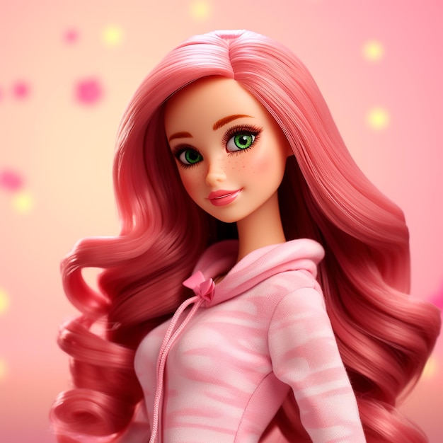 3D-Barbie met rood haar, lang steil roze haar in een ultrarealistische roze outfit