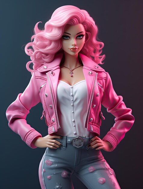 Premium AI Image | 3D Barbie in pink jacket and jeans colorful cartoon