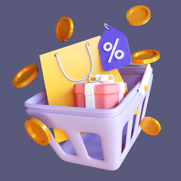 オンラインショッピングの価格タグが付いた3Dバスケットショッピング - 割引とポイントの稼ぎ - Cashbackフラッシュセール
